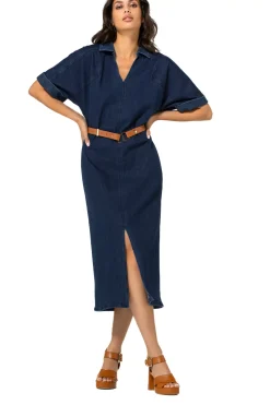 Femmes Caroline Biss Robes*1114-23 / Robe Midi Droite En Jean Stretch